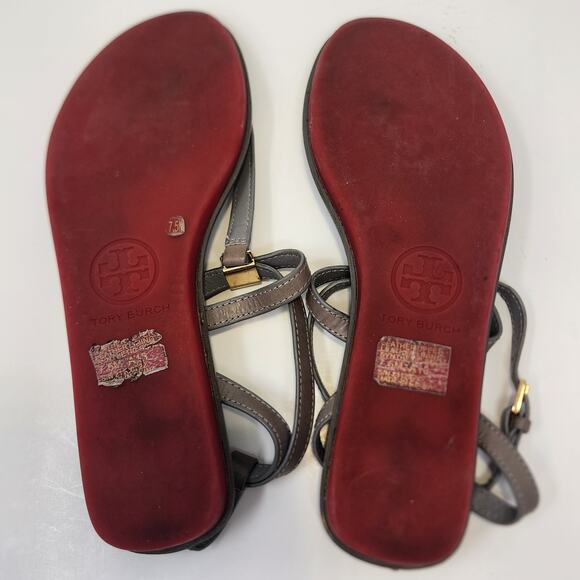Tory Burch Women Gray Leather T Strap Thong Sandal Size 7.5M Gold Tone Logo - Picture 9 of 10
